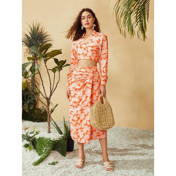 SHEIN Allover Floral Print Twist Side Skirt Midi Zip Fit Orange XS High Waist - Picture 2 of 9